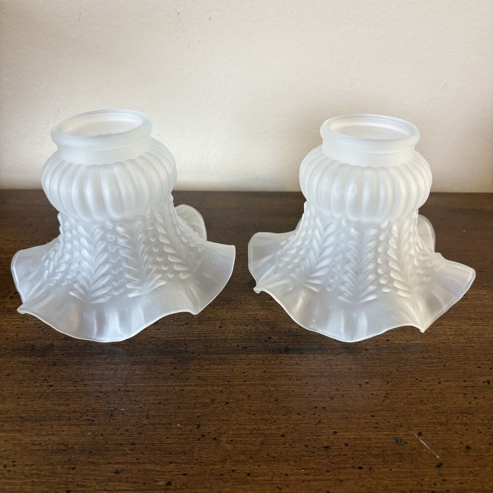 Pair of Vintage Frosted Glass Tulip Lamp Shades – Ruffled Edge